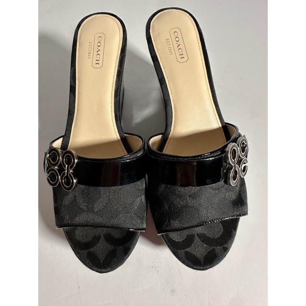 Coach Black Monogram Signature Canvas Patent Leather Wedge Platform Sandals 8.5B
